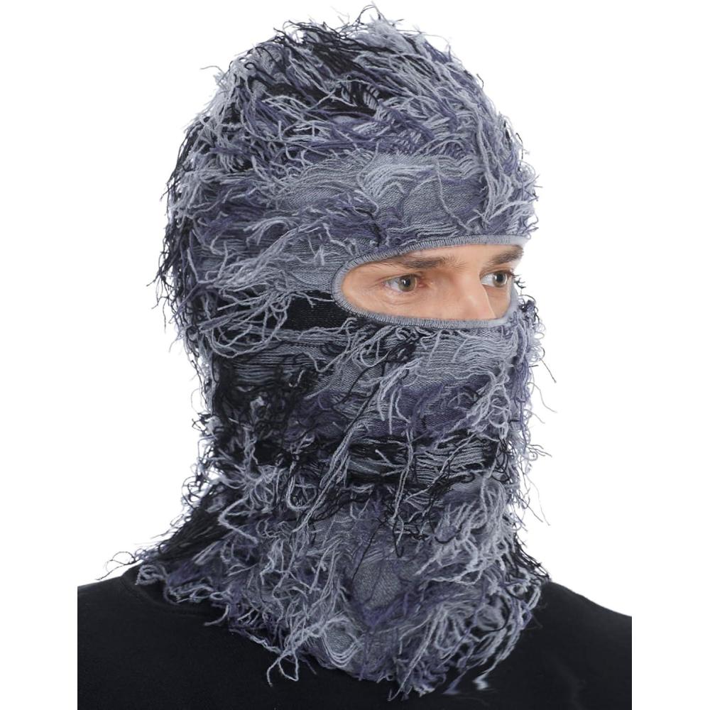 imageDistressed Ski Mask Balaclava Yeat Shiesty Fluffy Knitted Full Face Mask for MenWomenGray Mixed
