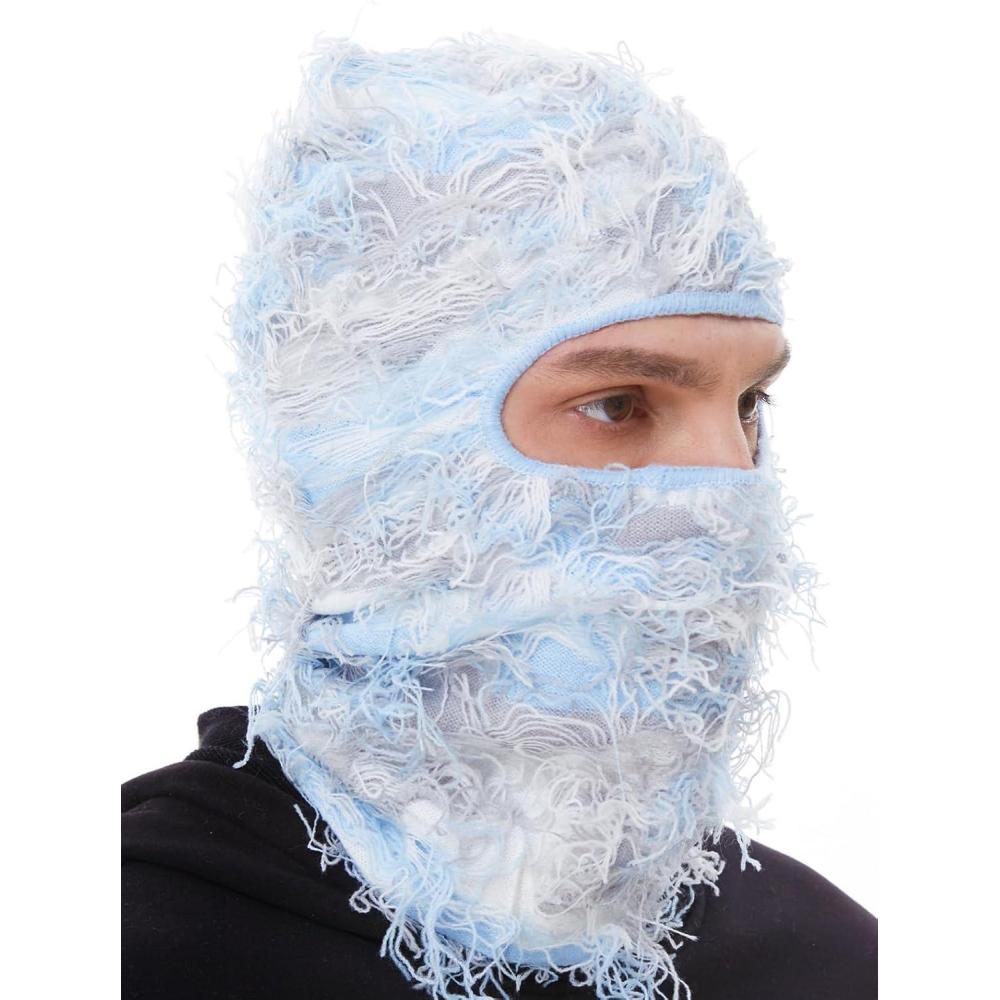 imageDistressed Ski Mask Balaclava Yeat Shiesty Fluffy Knitted Full Face Mask for MenWomenLight Blue Mixed