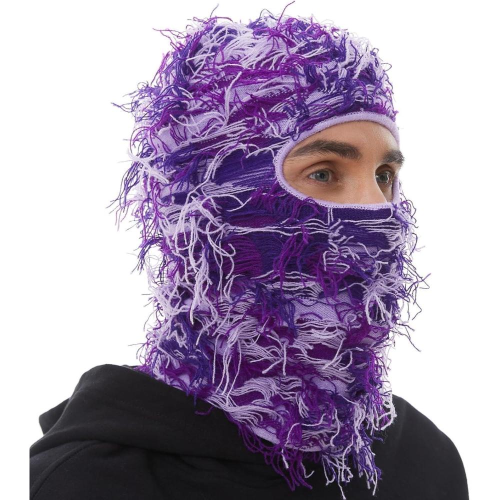 imageDistressed Ski Mask Balaclava Yeat Shiesty Fluffy Knitted Full Face Mask for MenWomenPurple Mixed