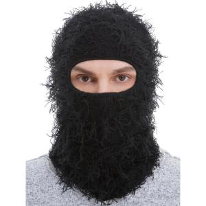 Distressed Ski Mask Balaclava, Yeat Shiesty Fluffy Knitted Full Face Mask for Men/Women(Black)