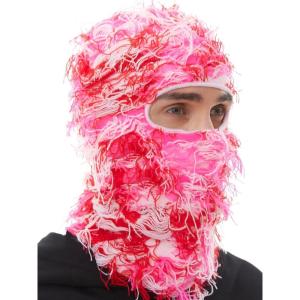 Distressed Ski Mask Balaclava, Yeat Shiesty Fluffy Knitted Full Face Mask for Men/Women(Pink Mixed)