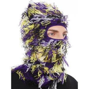 Distressed Ski Mask Balaclava, Yeat Shiesty Fluffy Knitted Full Face Mask for Men/Women(Yellow Purple)
