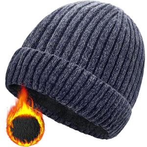 Bonnet d&rsquo;hiver Homme, Unisexe Stretchy Wooly Beanie Hat Thermo Fleece Bonnet Tricoté d&rsquo;hiver pour Chapeau Femme(Bleu Marine)
