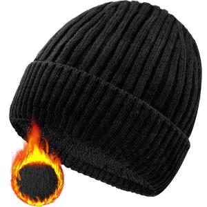 Bonnet d&rsquo;hiver Homme, Unisexe Stretchy Wooly Beanie Hat Thermo Fleece Bonnet Tricoté d&rsquo;hiver pour Chapeau Femme(Noir)