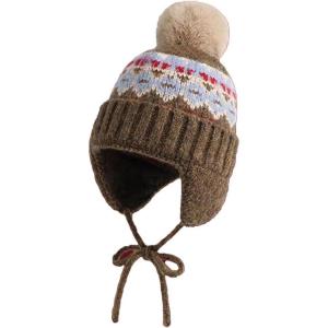 Generisch Bonnet tricoté unisexe avec cache-oreilles et pompon – Bonnet d&rsquo;hiver chaud de style norvégien – Bonnet à pompon traditionnel pour homme et femme(Style_f04 Kaki)