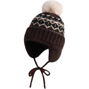 Generisch Bonnet tricoté unisexe avec cache-oreilles et pompon – Bonnet d&rsquo;hiver chaud de style norvégien – Bonnet à pompon traditionnel pour homme et femme(Style_f03 Marron)