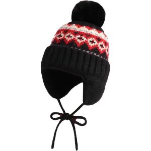 Generisch Bonnet tricoté unisexe avec cache-oreilles et pompon – Bonnet d&rsquo;hiver chaud de style norvégien – Bonnet à pompon traditionnel pour homme et femme(Style_f02 Noir)