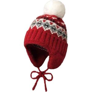 Generisch Bonnet tricoté unisexe avec cache-oreilles et pompon – Bonnet d&rsquo;hiver chaud de style norvégien – Bonnet à pompon traditionnel pour homme et femme(Style_f05 Rouge)