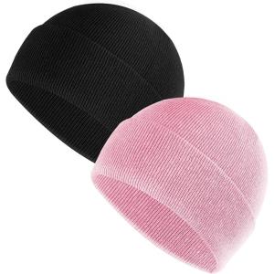 Sibba 2 Pieces Unisex Beanie Hat Soft Lightweight Winter Knit Cuffed Caps Fisherman Beanie Warm Windproof Skull Cap for Men and Women(Rose)