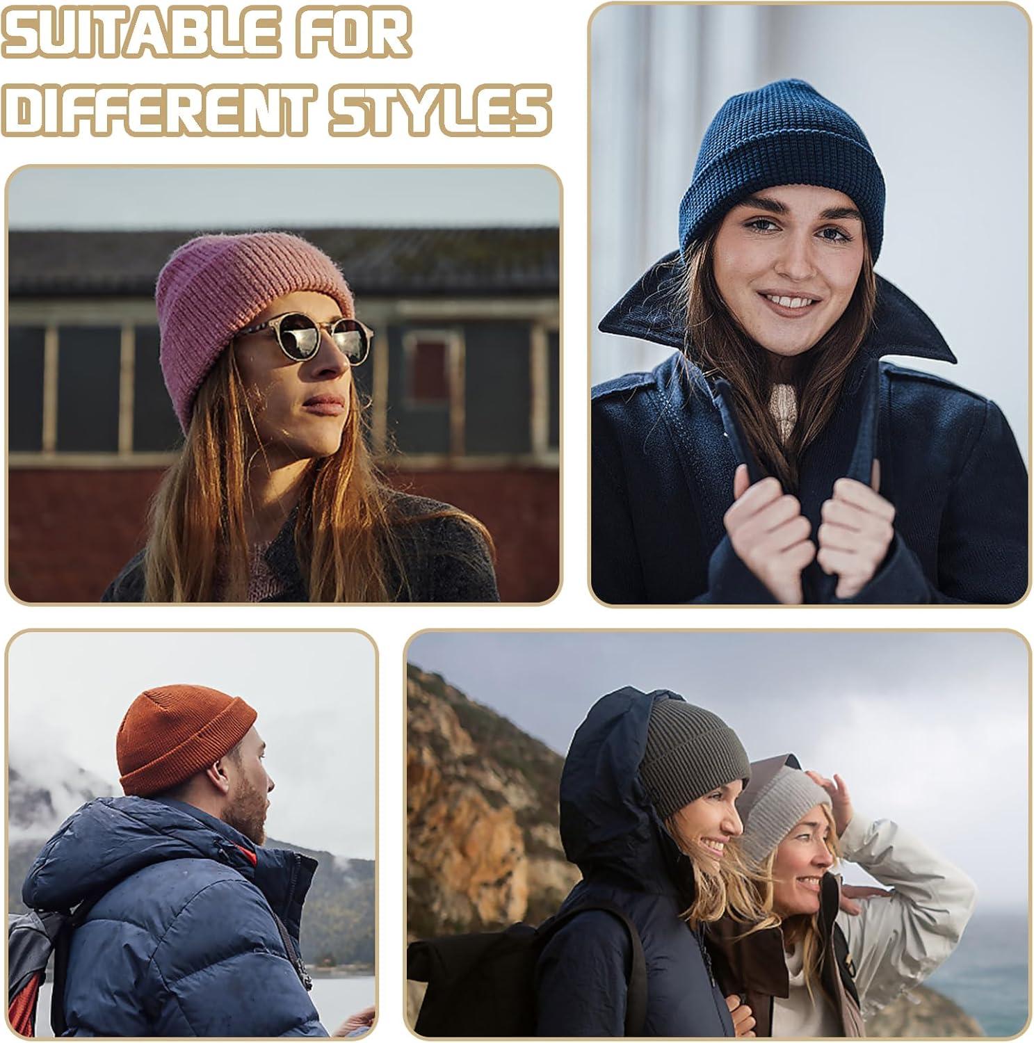 imageEnwokran Bonnet Tricot Hiver Bord Pliable Unisexe Chapeau Revers Extensible Respirant Doux et Chaud Rtro sans Bord Casquette Idal pour lAutomne et lHiverPaon Bleu