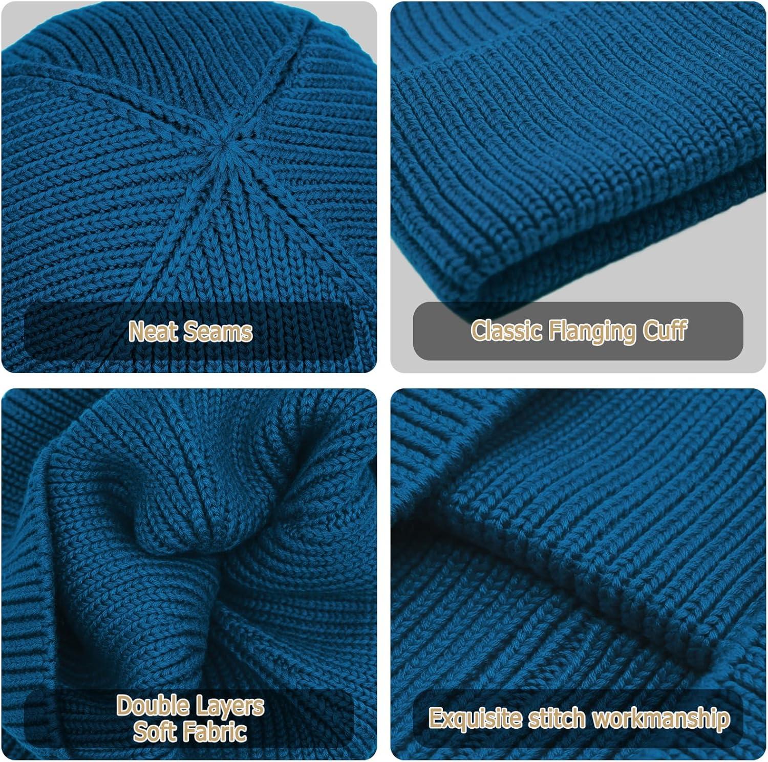 imageEnwokran Bonnet Tricot Hiver Bord Pliable Unisexe Chapeau Revers Extensible Respirant Doux et Chaud Rtro sans Bord Casquette Idal pour lAutomne et lHiverPaon Bleu