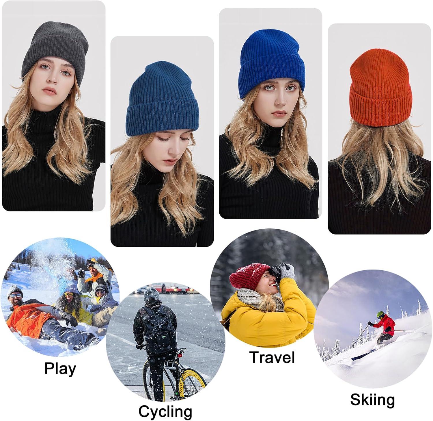 imageEnwokran Bonnet Tricot Hiver Bord Pliable Unisexe Chapeau Revers Extensible Respirant Doux et Chaud Rtro sans Bord Casquette Idal pour lAutomne et lHiverPaon Bleu