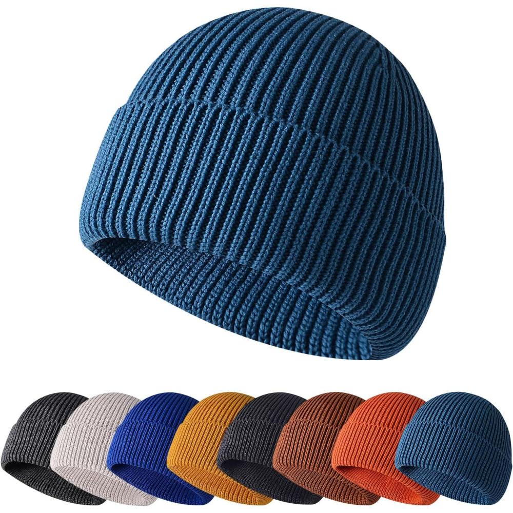 imageEnwokran Bonnet Tricot Hiver Bord Pliable Unisexe Chapeau Revers Extensible Respirant Doux et Chaud Rtro sans Bord Casquette Idal pour lAutomne et lHiverPaon Bleu