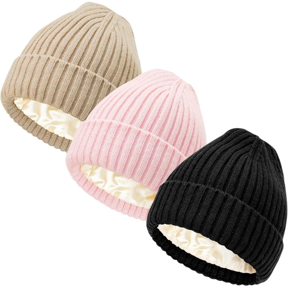 imageDRESHOW Bonnet dhiver pour Femmes Hommes Bonnet Doubl Satin Doux et Chaud Beanie Hiver avec Doublure Soyeuse Tricot Chapeau Unisexe3 Pcs Hat Khaki Pink and Black