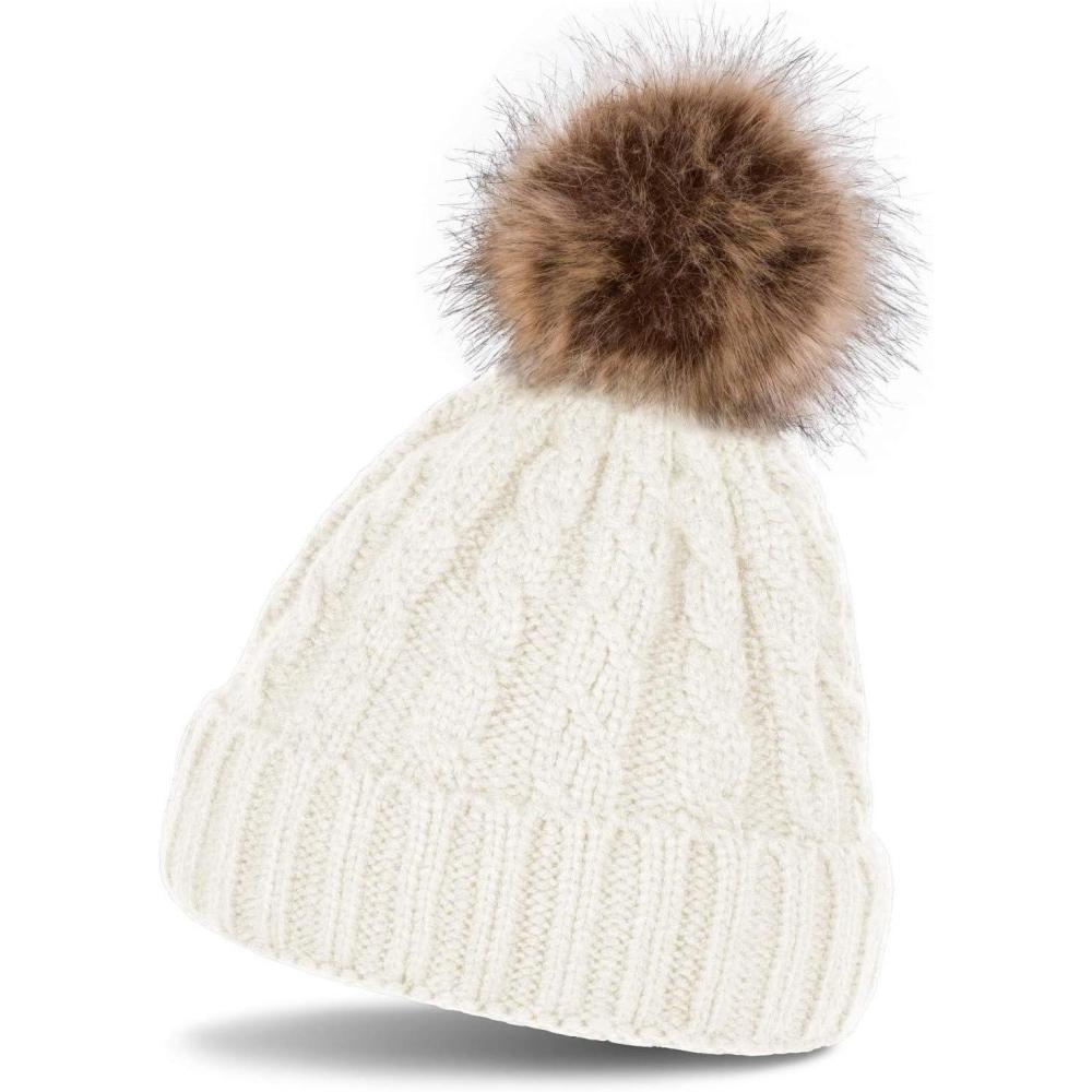 imagestyleBREAKER Bonnet en Maille avec Motif tress et Pompon en Fourrure Bonnet tricot dhiver Unisexe 04024064Blanc Blanc Crme