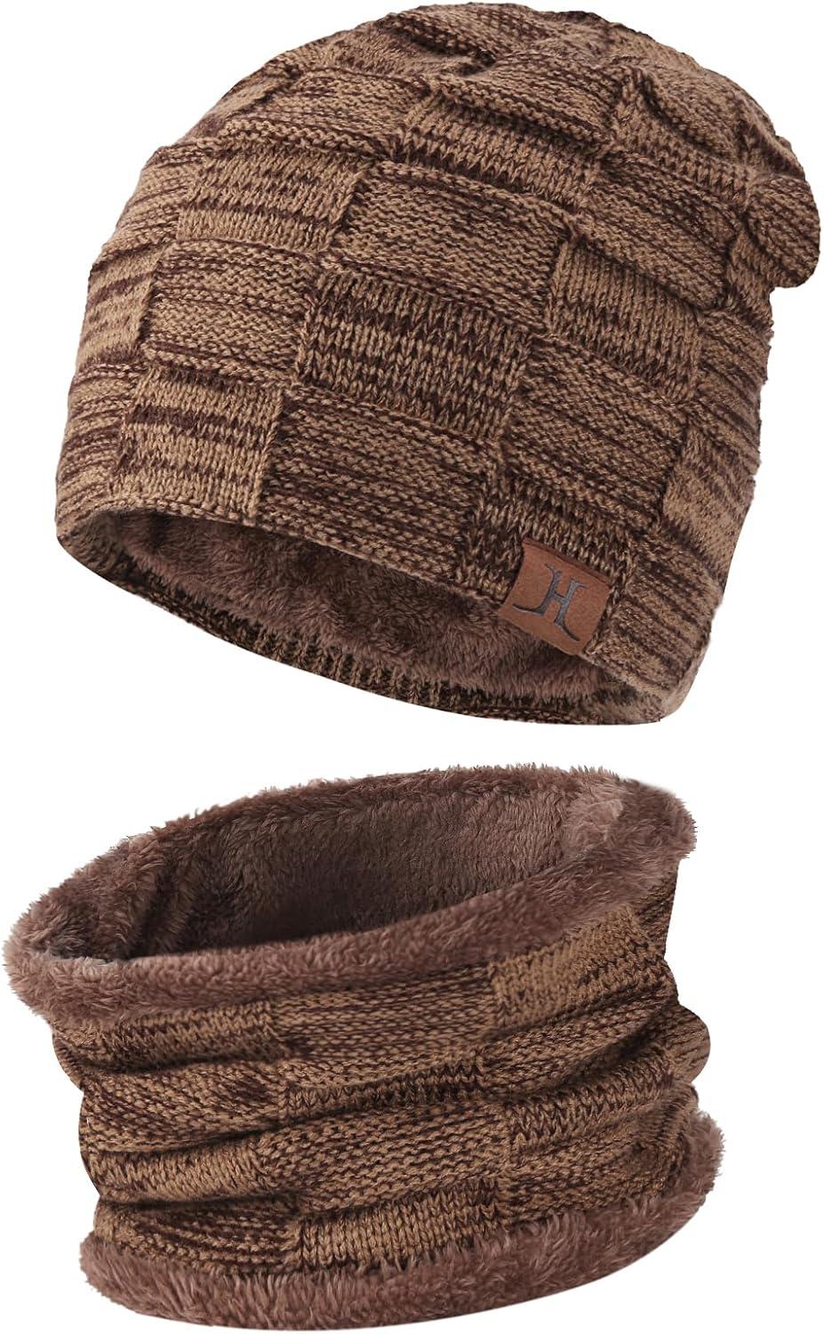 imageBequemer Laden Hommes Hiver Chaud Bonnet Thermique charpe Ensemble Tricot Chapeau CacheCou avec Doubl Polaire Cadeau Homme FemmeBkhaki
