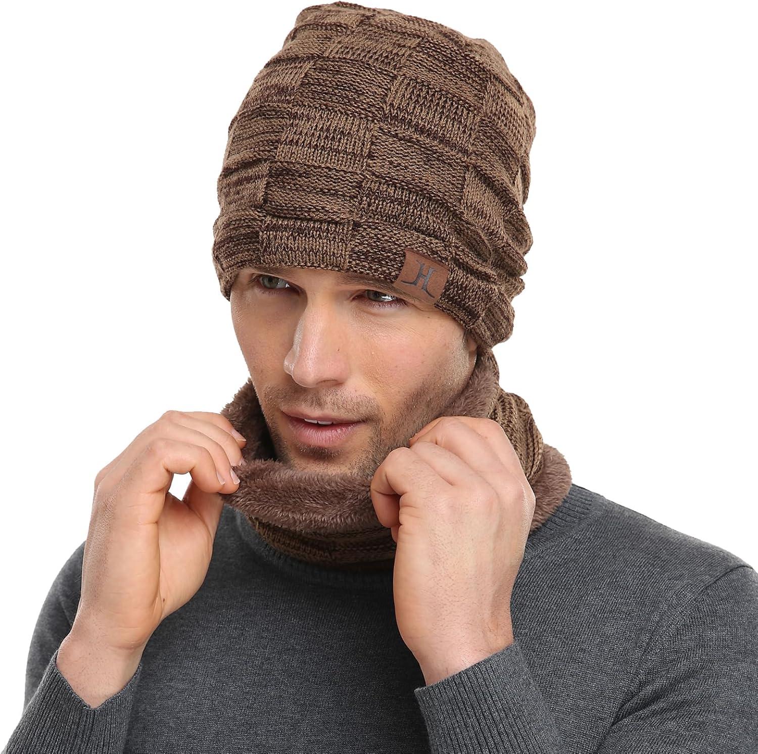 imageBequemer Laden Hommes Hiver Chaud Bonnet Thermique charpe Ensemble Tricot Chapeau CacheCou avec Doubl Polaire Cadeau Homme FemmeBkhaki
