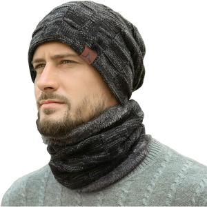 Bequemer Laden Hommes Hiver Chaud Bonnet Thermique Écharpe Ensemble Tricot Chapeau Cache-Cou avec Doublé Polaire Cadeau Homme Femme(A-noir)
