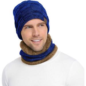 Bequemer Laden Hommes Hiver Chaud Bonnet Thermique Écharpe Ensemble Tricot Chapeau Cache-Cou avec Doublé Polaire Cadeau Homme Femme(B-bleu Royal)
