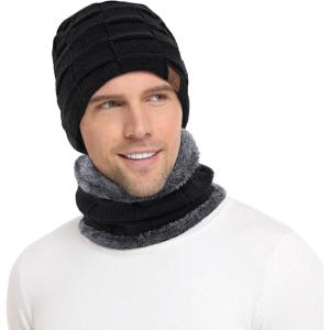 Bequemer Laden Hommes Hiver Chaud Bonnet Thermique Écharpe Ensemble Tricot Chapeau Cache-Cou avec Doublé Polaire Cadeau Homme Femme(B-noir Pure)