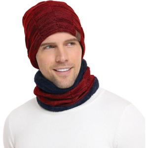 Bequemer Laden Hommes Hiver Chaud Bonnet Thermique Écharpe Ensemble Tricot Chapeau Cache-Cou avec Doublé Polaire Cadeau Homme Femme(B-rouge)