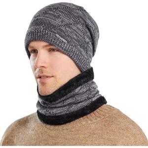 Bequemer Laden Hommes Hiver Chaud Bonnet Thermique Écharpe Ensemble Tricot Chapeau Cache-Cou avec Doublé Polaire Cadeau Homme Femme(Z-Gris)
