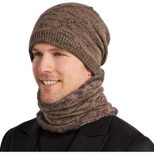 Bequemer Laden Hommes Hiver Chaud Bonnet Thermique Écharpe Ensemble Tricot Chapeau Cache-Cou avec Doublé Polaire Cadeau Homme Femme(Z-Khaki)