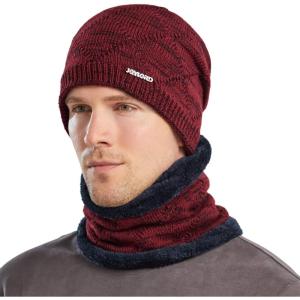 Bequemer Laden Hommes Hiver Chaud Bonnet Thermique Écharpe Ensemble Tricot Chapeau Cache-Cou avec Doublé Polaire Cadeau Homme Femme(Z-Rouge)