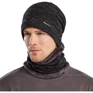 Bequemer Laden Hommes Hiver Chaud Bonnet Thermique Écharpe Ensemble Tricot Chapeau Cache-Cou avec Doublé Polaire Cadeau Homme Femme(Z-noir)
