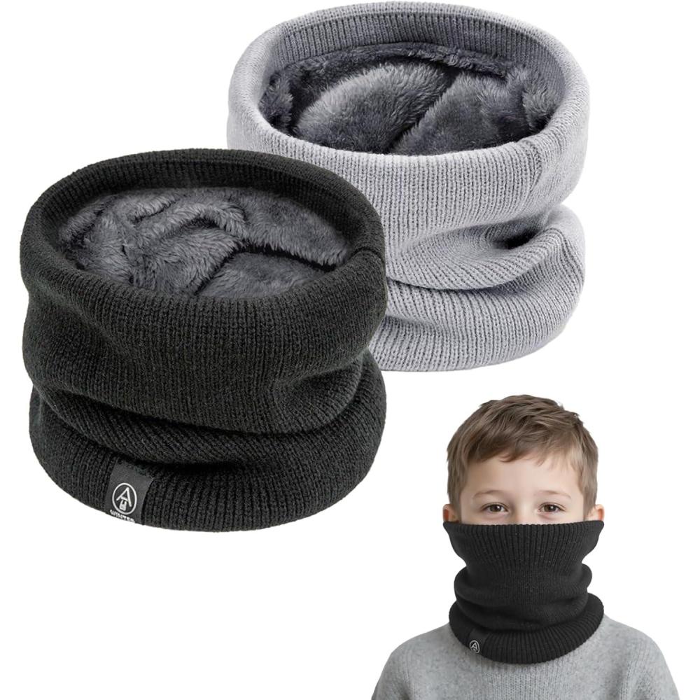 image2 Pices Tour de Cou pour Enfant Polaire Cache Cou Gaiter Masque Cagoule CacheCou Hiver charpe CoupeVent Ski lastique pais Snood pour Moto Ski Marche Course Voyage Noir GrisNoir Gris