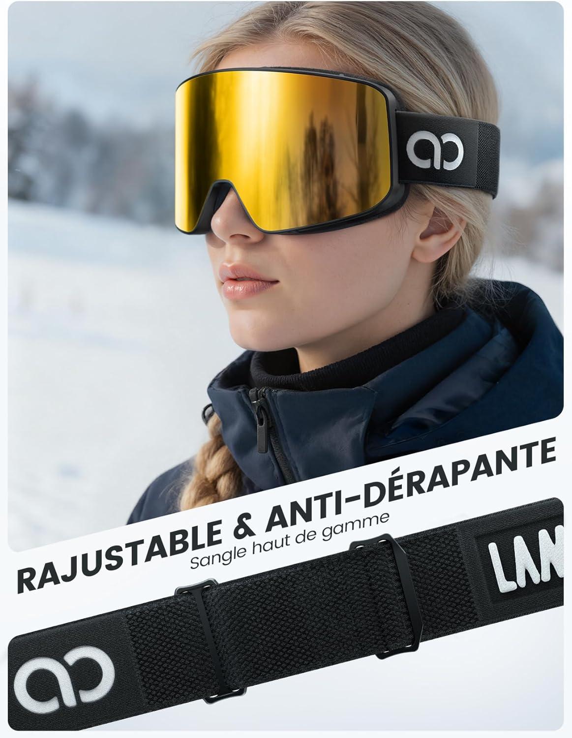 imageLamicall Lunettes de Ski Homme Masque Ski OTG Ultra HD ampamp AntiBue Brevet Lunettes Snowboard Polaris pour Femme ampamp Homme UV400 Protection Sangle Rglable Ski Goggles Femme pour Sports HiverNoirDore VLT 11