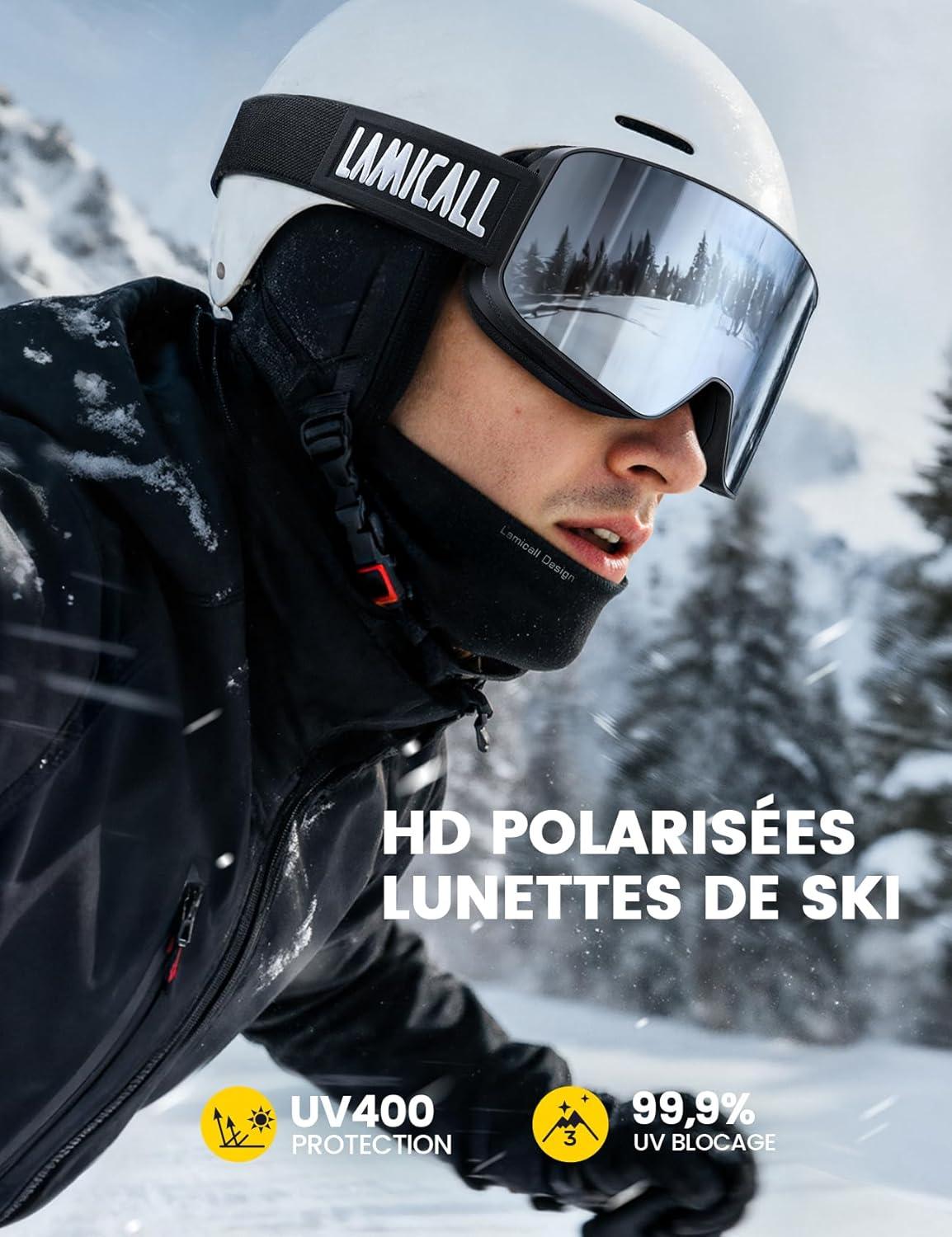 imageLamicall Lunettes de Ski Homme Masque Ski OTG Ultra HD ampamp AntiBue Brevet Lunettes Snowboard Polaris pour Femme ampamp Homme UV400 Protection Sangle Rglable Ski Goggles Femme pour Sports HiverNoirArgent VLT 8
