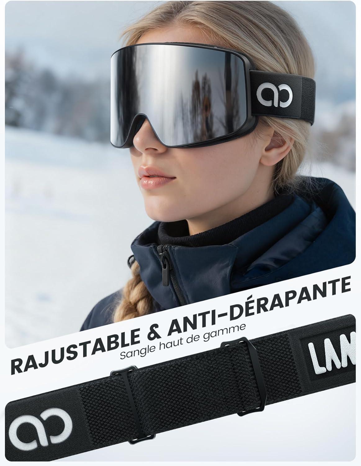 imageLamicall Lunettes de Ski Homme Masque Ski OTG Ultra HD ampamp AntiBue Brevet Lunettes Snowboard Polaris pour Femme ampamp Homme UV400 Protection Sangle Rglable Ski Goggles Femme pour Sports HiverNoirArgent VLT 8