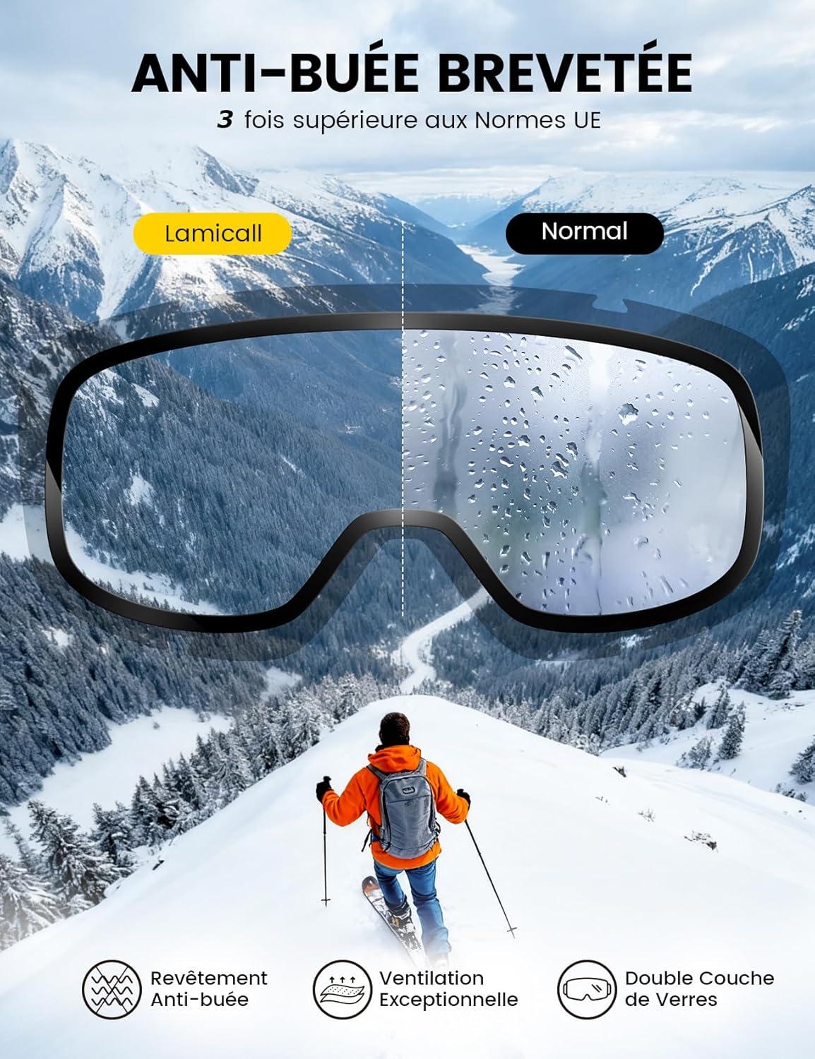 imageLamicall Lunettes de Ski Homme Masque Ski OTG Ultra HD ampamp AntiBue Brevet Lunettes Snowboard Polaris pour Femme ampamp Homme UV400 Protection Sangle Rglable Ski Goggles Femme pour Sports HiverNoirDore VLT 11