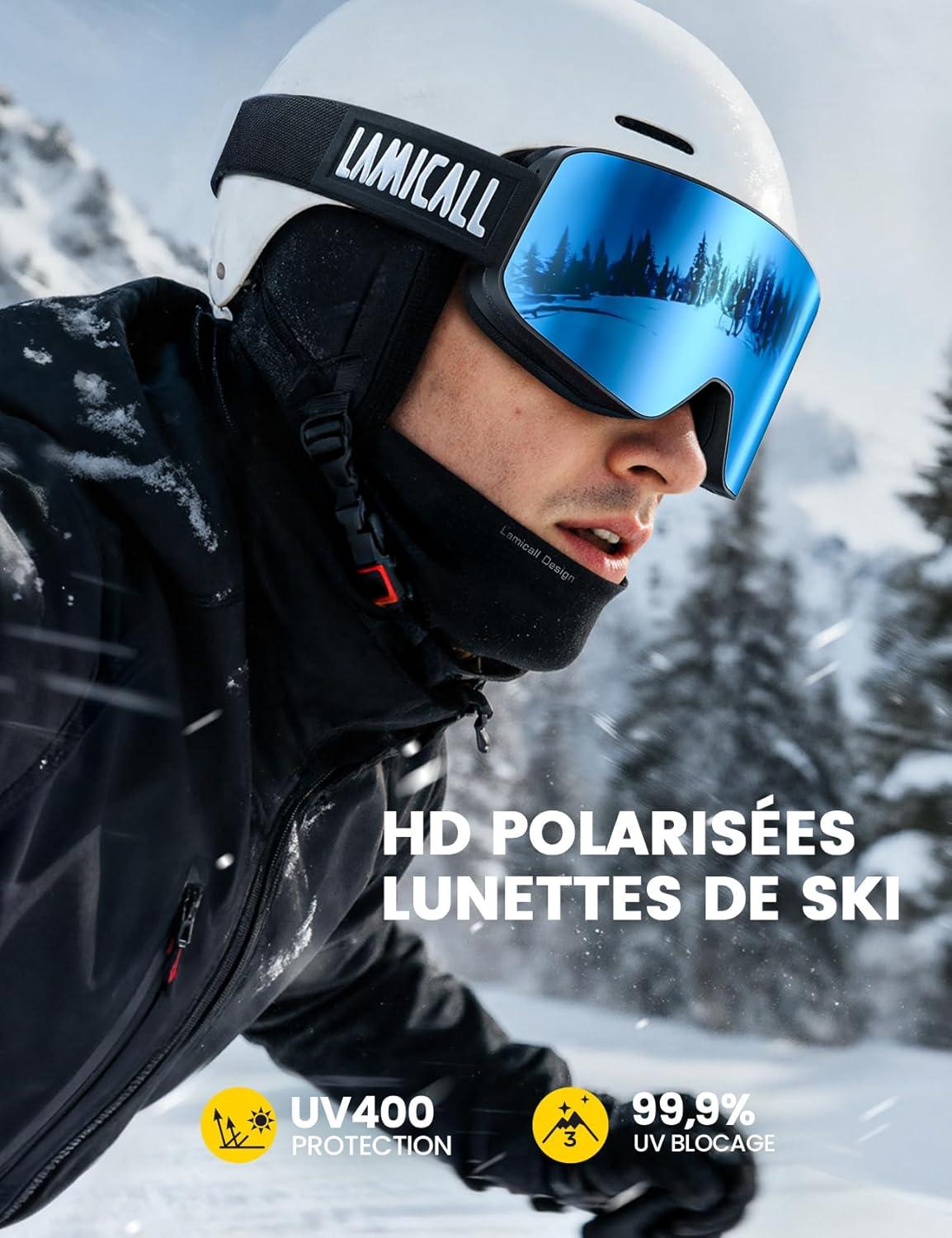imageLamicall Lunettes de Ski Homme Masque Ski OTG Ultra HD ampamp AntiBue Brevet Lunettes Snowboard Polaris pour Femme ampamp Homme UV400 Protection Sangle Rglable Ski Goggles Femme pour Sports HiverNoirBleu VLT 11