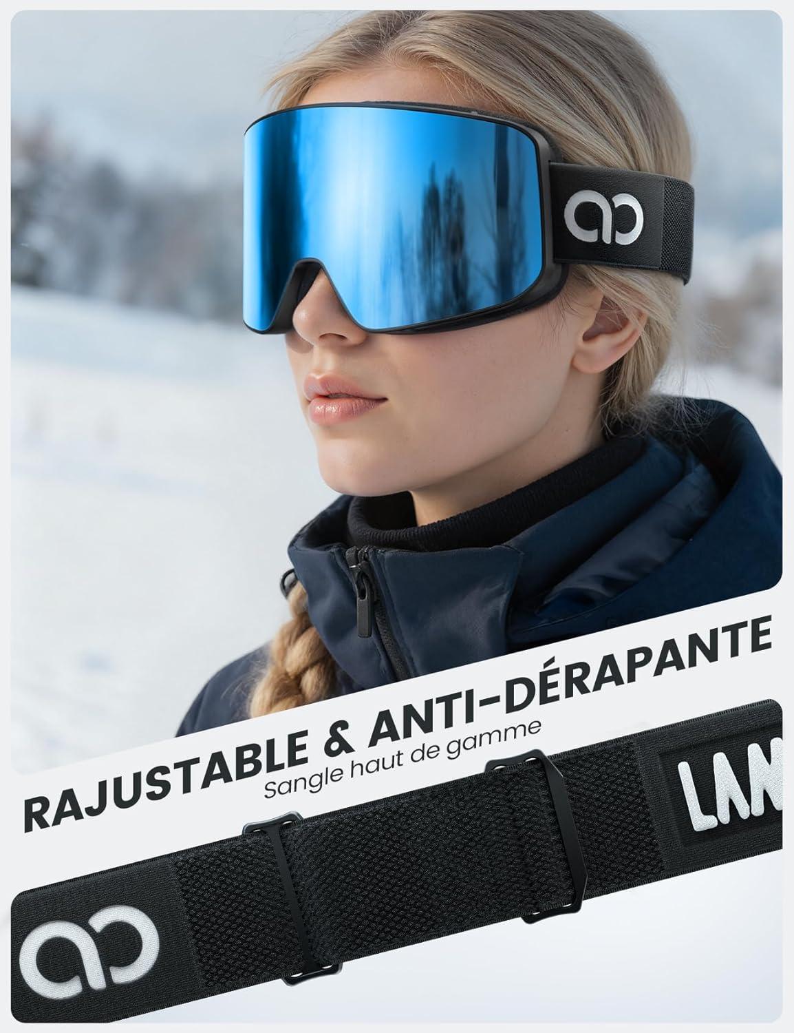 imageLamicall Lunettes de Ski Homme Masque Ski OTG Ultra HD ampamp AntiBue Brevet Lunettes Snowboard Polaris pour Femme ampamp Homme UV400 Protection Sangle Rglable Ski Goggles Femme pour Sports HiverNoirBleu VLT 11