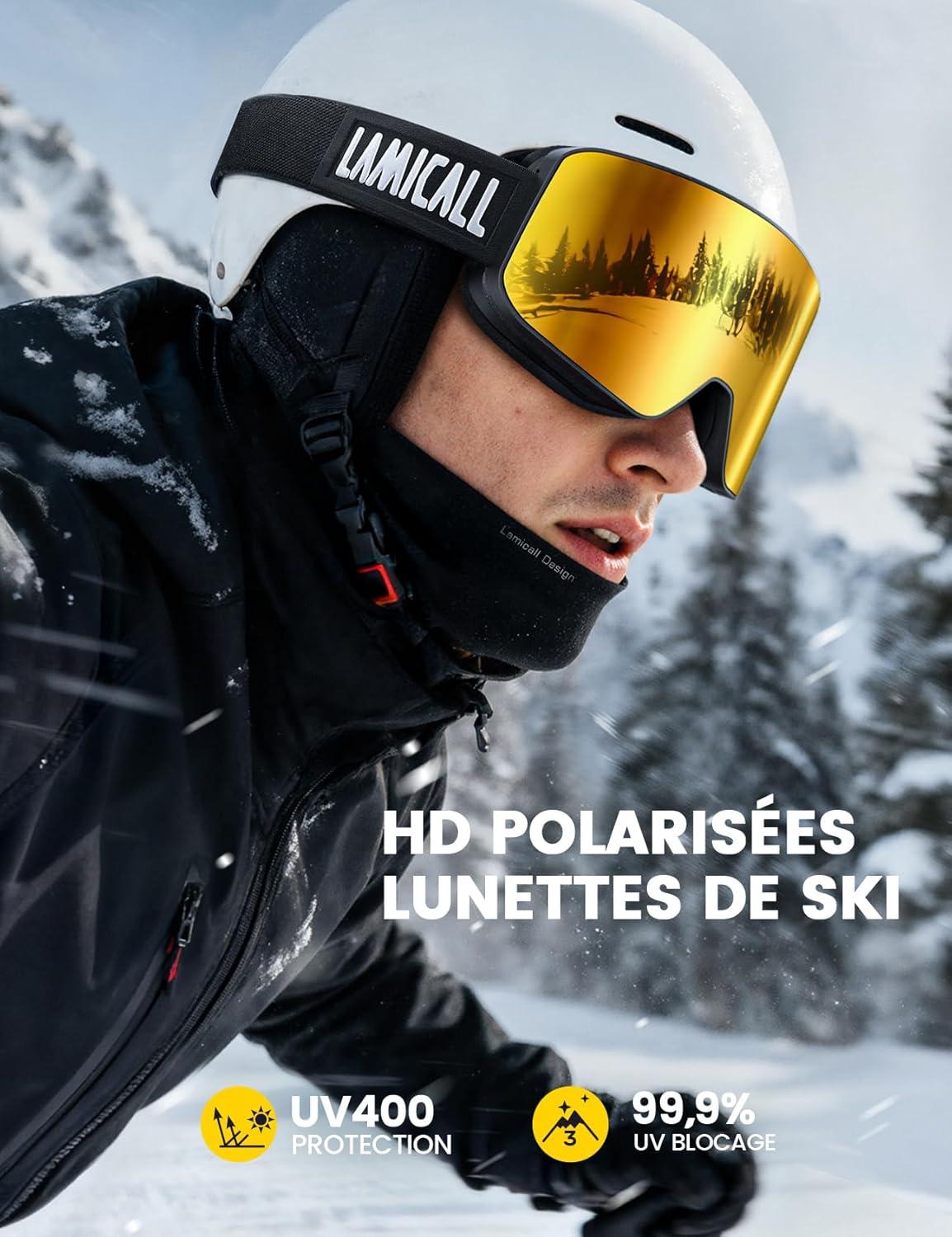 imageLamicall Lunettes de Ski Homme Masque Ski OTG Ultra HD ampamp AntiBue Brevet Lunettes Snowboard Polaris pour Femme ampamp Homme UV400 Protection Sangle Rglable Ski Goggles Femme pour Sports HiverNoirDore VLT 11
