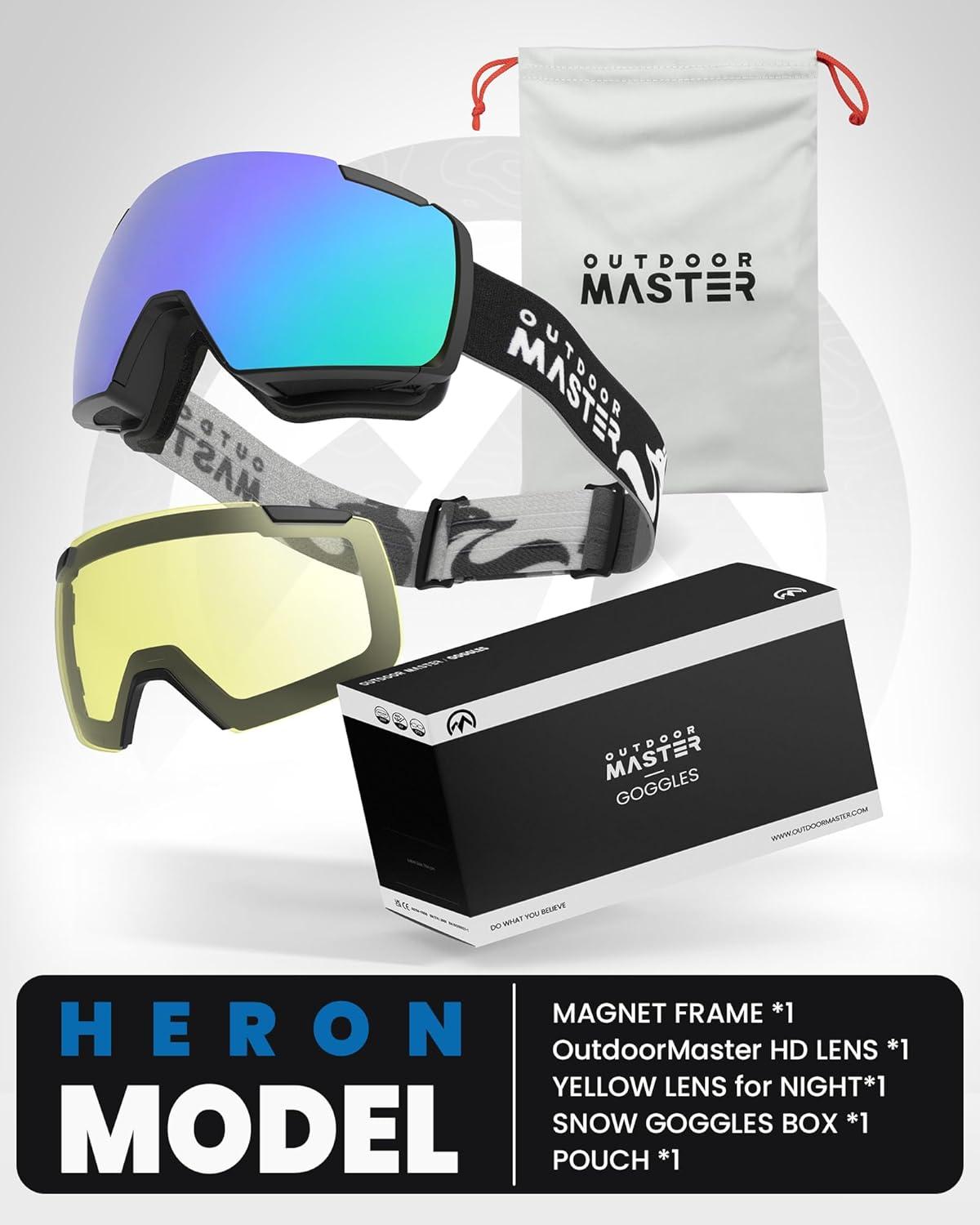 imageOutdoorMaster Heron Lunettes de ski 2 verres sans monture interchangeables magntiquement HD Toric Lens lunettes de snowboard OTG pour hommes ampamp femmes 100 protection UV Snow GogglesAMonture noire Revo Vert Vlt 15 Verre jaune