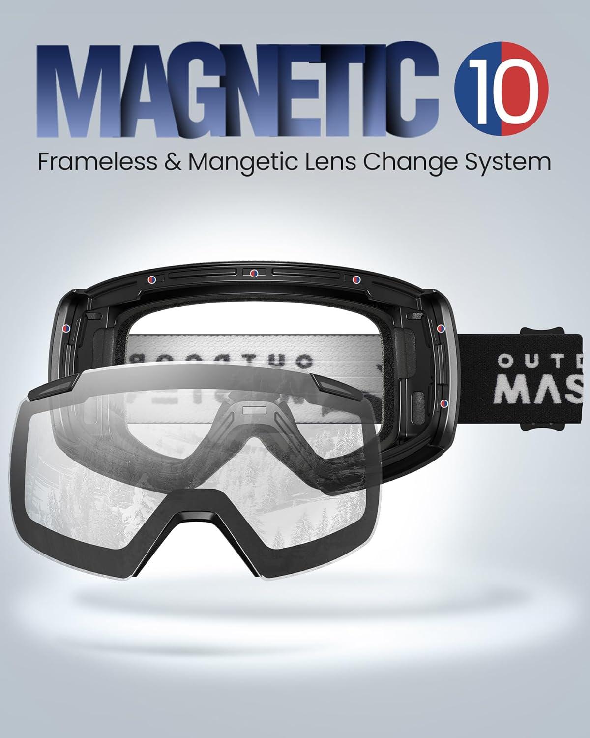 imageOutdoorMaster Heron Lunettes de ski 2 verres sans monture interchangeables magntiquement HD Toric Lens lunettes de snowboard OTG pour hommes ampamp femmes 100 protection UV Snow GogglesOculaireClear Vlt 99