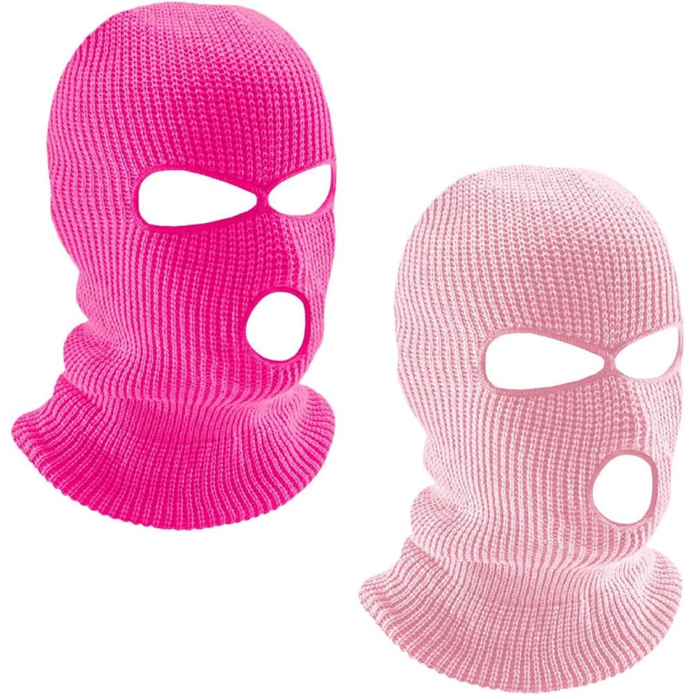 image2 Pices Cagoule 3 Trous Balaclava 3 Trous TricotCagoule Noir de Visage Complet Masque de Ski pou Hommes et FemmeRose rose