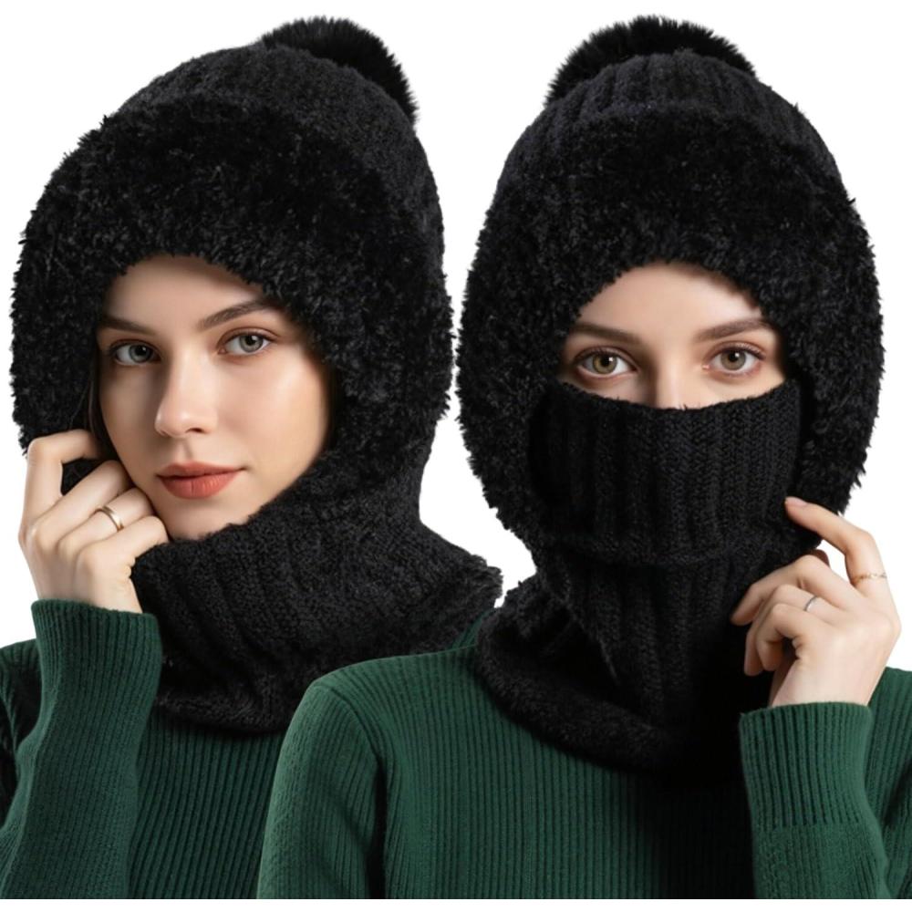 imageBonnet Hat 3 en 1 pour Femme Bonnet Hiver Femme Chaud Cagoule Femme Hiver avec charpe et Masque CacheCou Chaud et CouvreVisage Doubl AntiVent et lastique IdalNoir