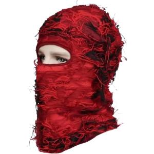 1 pièces Couverture complète Masque de Ski Chapeau Cagoule en détresse tricoté Bonnet Hommes Femmes Hiver Chaud Coupe-Vent vélo(Rouge)