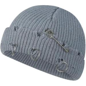 Bonnet à Pompon Tricoté Unisexe en Détresse avec Anneaux Métal, Chapeau Design Trous De Style Rue Punk, Casquette Chaude d&rsquo;hiver pour Halloween Et Noël(Style 1-07)