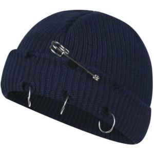 Bonnet à Pompon Tricoté Unisexe en Détresse avec Anneaux Métal, Chapeau Design Trous De Style Rue Punk, Casquette Chaude d&rsquo;hiver pour Halloween Et Noël(Style 1-03)