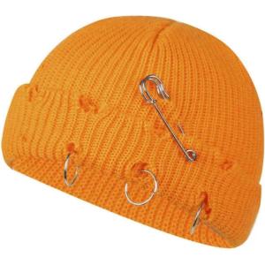 Bonnet à Pompon Tricoté Unisexe en Détresse avec Anneaux Métal, Chapeau Design Trous De Style Rue Punk, Casquette Chaude d&rsquo;hiver pour Halloween Et Noël(Style 1-06)