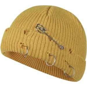 Bonnet à Pompon Tricoté Unisexe en Détresse avec Anneaux Métal, Chapeau Design Trous De Style Rue Punk, Casquette Chaude d&rsquo;hiver pour Halloween Et Noël(Style 1-01)