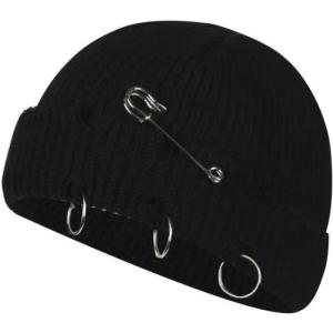 Bonnet à Pompon Tricoté Unisexe en Détresse avec Anneaux Métal, Chapeau Design Trous De Style Rue Punk, Casquette Chaude d&rsquo;hiver pour Halloween Et Noël(Style 1-05)