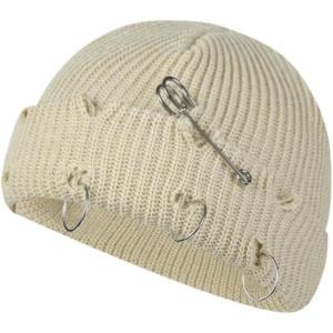 Bonnet à Pompon Tricoté Unisexe en Détresse avec Anneaux Métal, Chapeau Design Trous De Style Rue Punk, Casquette Chaude d&rsquo;hiver pour Halloween Et Noël(Style 1-04)