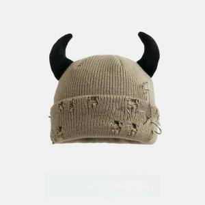 Bonnet à Pompon Tricoté Unisexe en Détresse avec Anneaux Métal, Chapeau Design Trous De Style Rue Punk, Casquette Chaude d&rsquo;hiver pour Halloween Et Noël(Style 2-04)