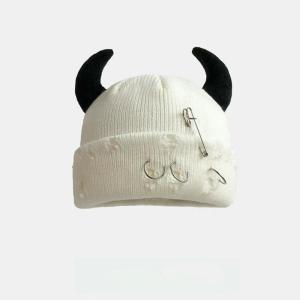 Bonnet à Pompon Tricoté Unisexe en Détresse avec Anneaux Métal, Chapeau Design Trous De Style Rue Punk, Casquette Chaude d&rsquo;hiver pour Halloween Et Noël(Style 2-03_a)